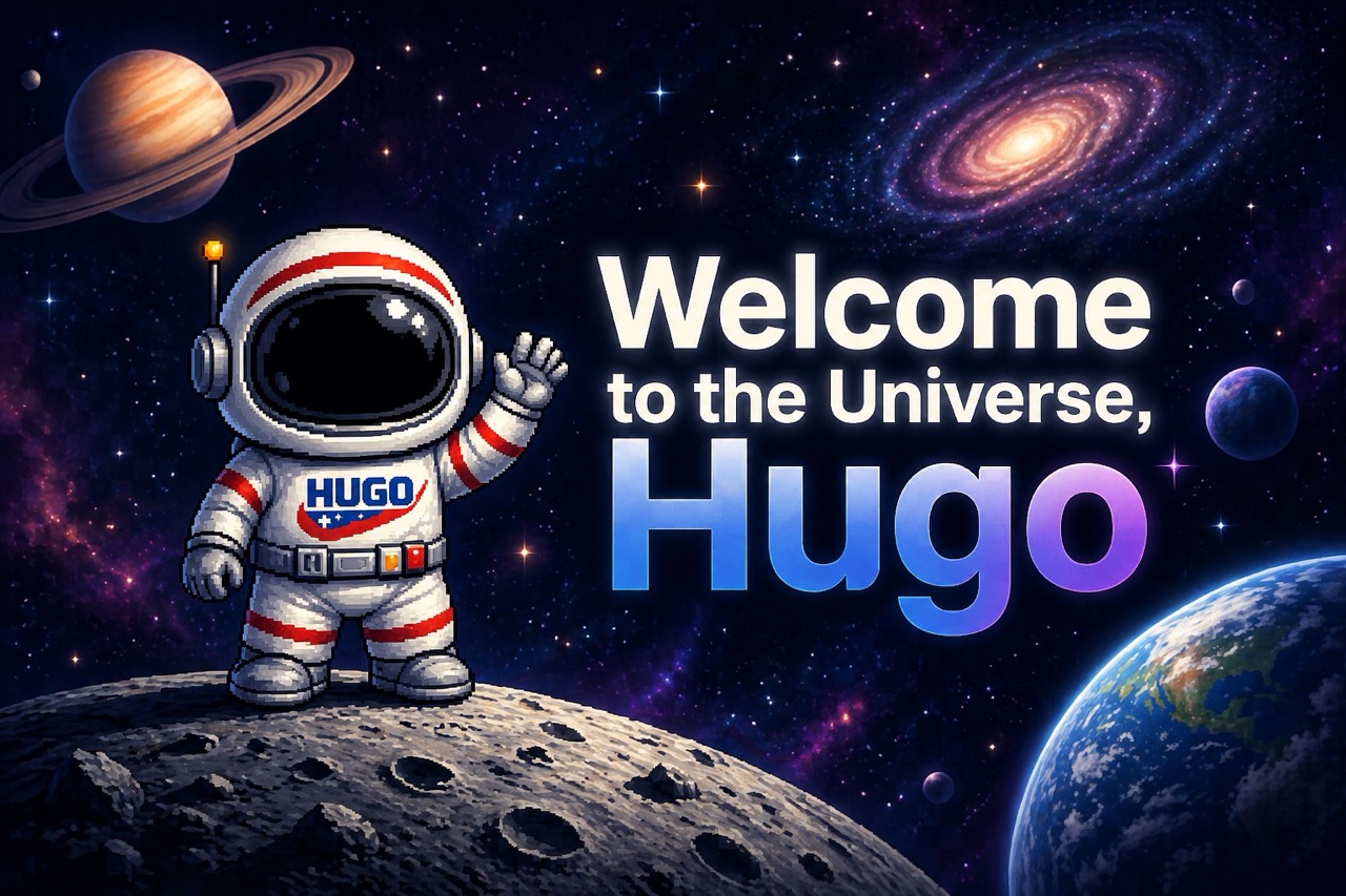 Welcome to the Universe, Hugo — a pixel-art astronaut waving from the Moon, with Saturn and a galaxy in the starfield